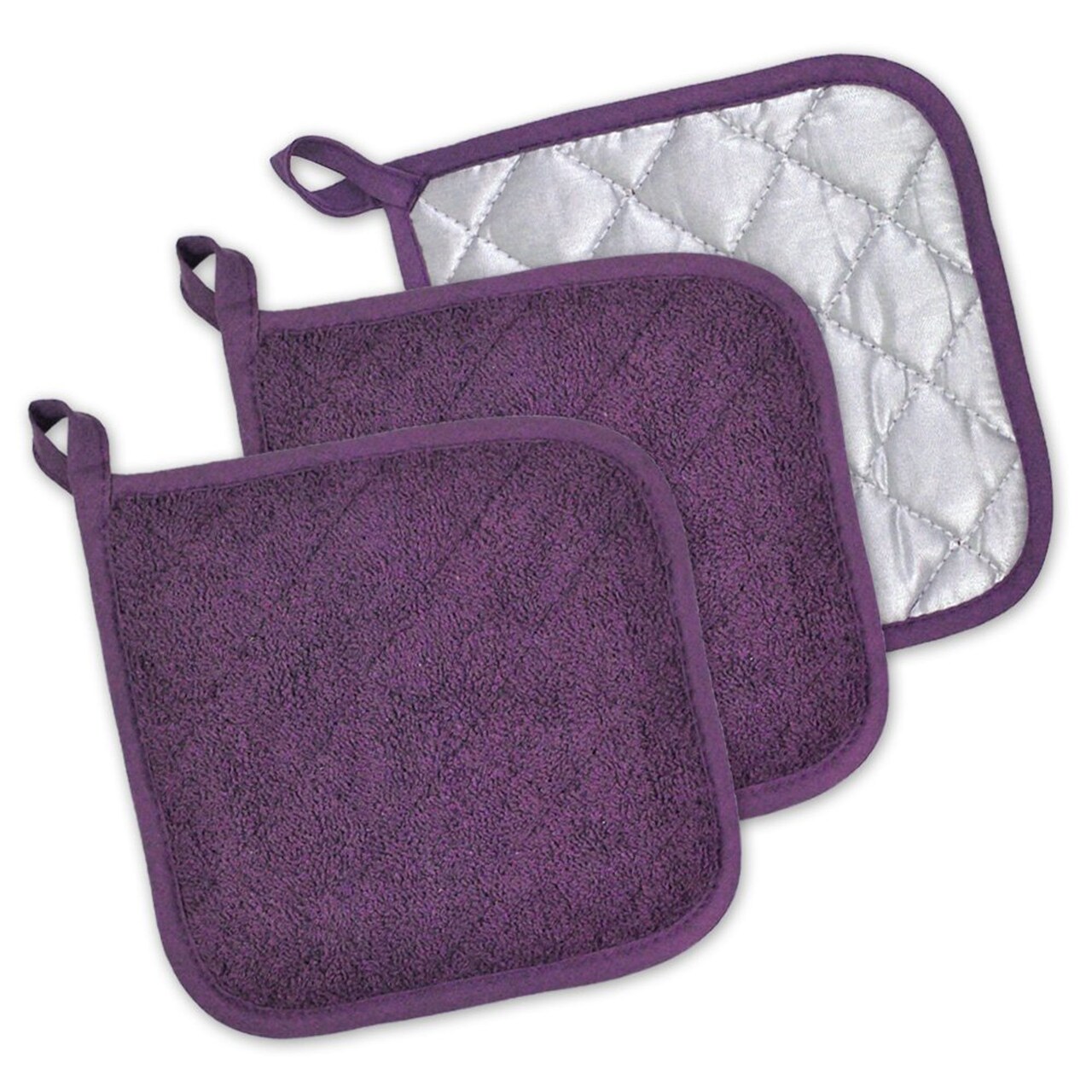 Contemporary Home Living Quilted Terry Cotton Kitchen Potholders - 7" - Eggplant Purple - Set of 3